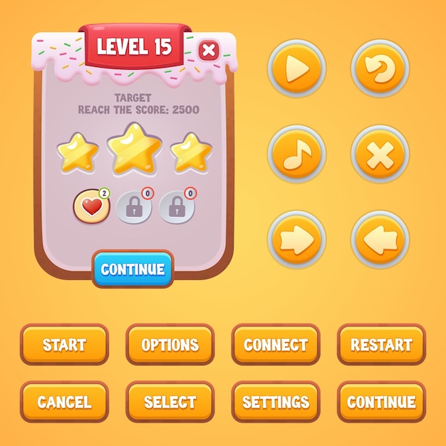 Game Ui Kit met menu, pop-up, schermen en knoppen met bewerkbaar teksteffect. GUI om games te bouwen.
