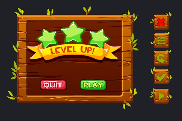 Game ui kit. Template wooden menu of graphical user interface GUI and buttons to build games.