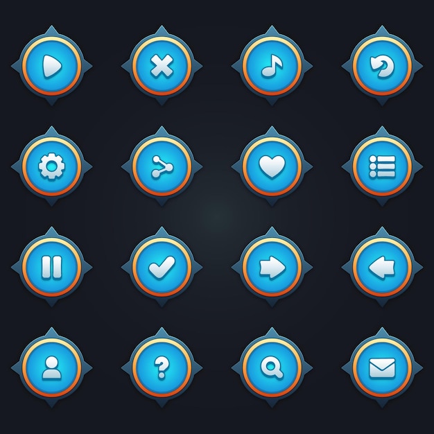 Vector game ui set of blue buttons in cartoon style gui to build 2d games cartoon casual buttons kit