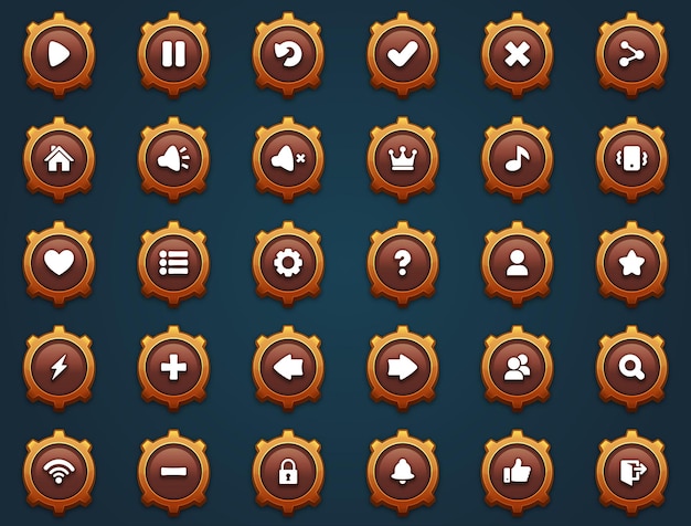 Game ui set of brown buttons in cartoon style gui to build 2d games cartoon casual buttons kit