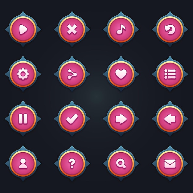 Game ui set di pulsanti rosa in stile cartone animato gui per costruire giochi 2d kit di pulsanti casuali di cartoni animati