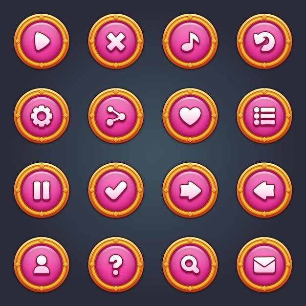 Vector game ui set of pink buttons in cartoon style gui to build 2d games cartoon casual buttons kit