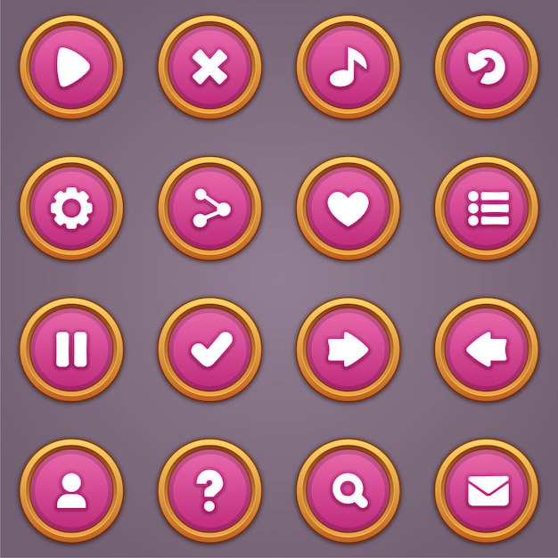 Game ui set of pink buttons in cartoon style gui to build 2d games cartoon casual gui buttons kit