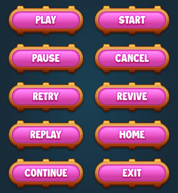 Vector game ui set of pink buttons with editable text effect gui to build 2d games game buttons kit