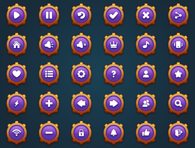 Vector game ui set of purple buttons in cartoon style gui to build 2d games cartoon casual buttons kit