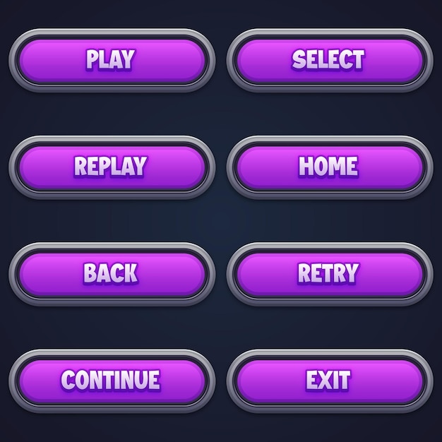 Vector game ui set of purple buttons in cartoon style gui to build 2d games cartoon casual buttons kit