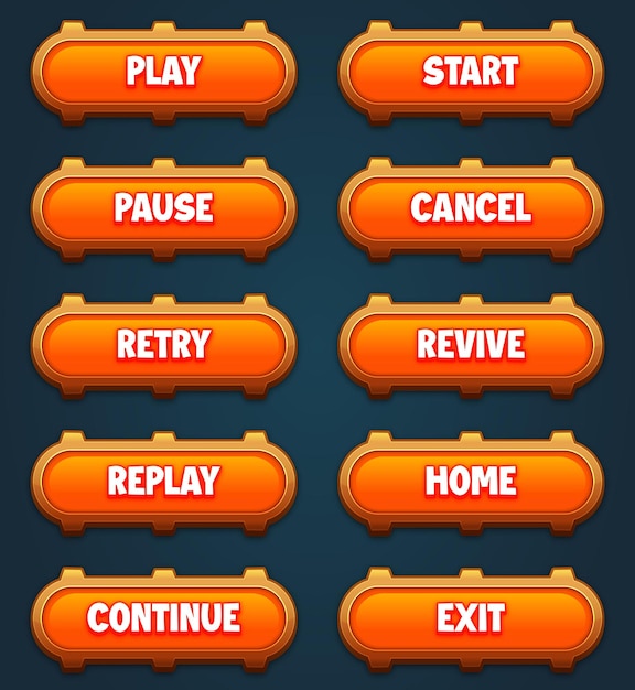 Game ui set van oranje knoppen met bewerkbare tekst effect gui om 2d games te bouwen game knoppen kit