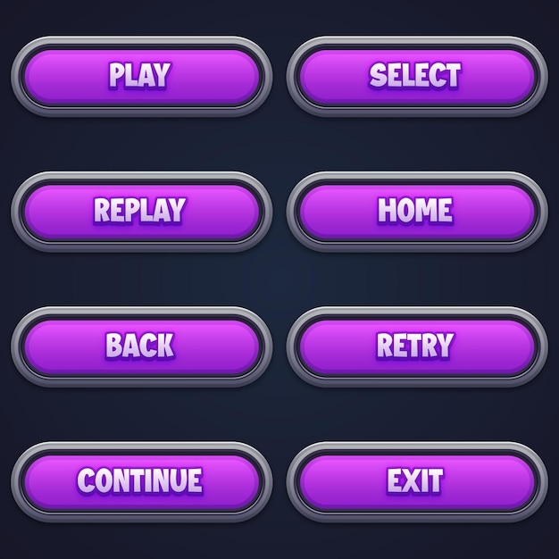 Game ui set van paarse knoppen in cartoon stijl gui om 2d games cartoon casual knoppen kit te bouwen
