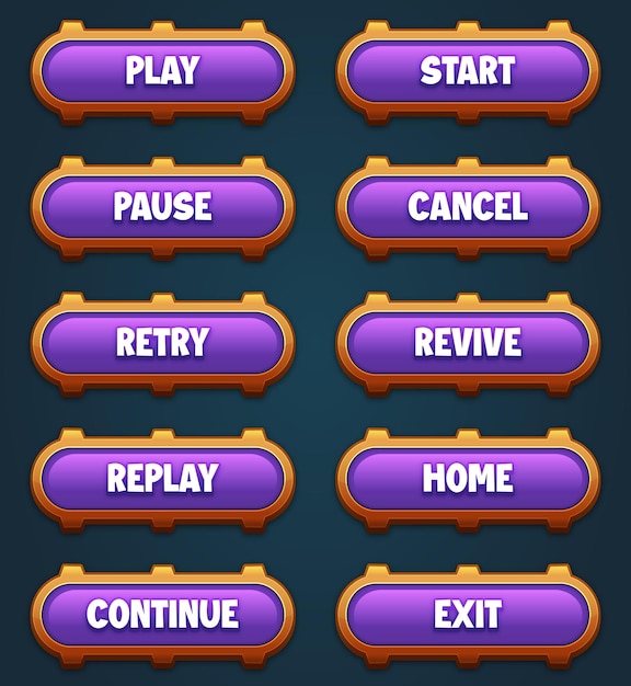 Game ui set van paarse knoppen met bewerkbare tekst effect gui om 2d games te bouwen game knoppen kit
