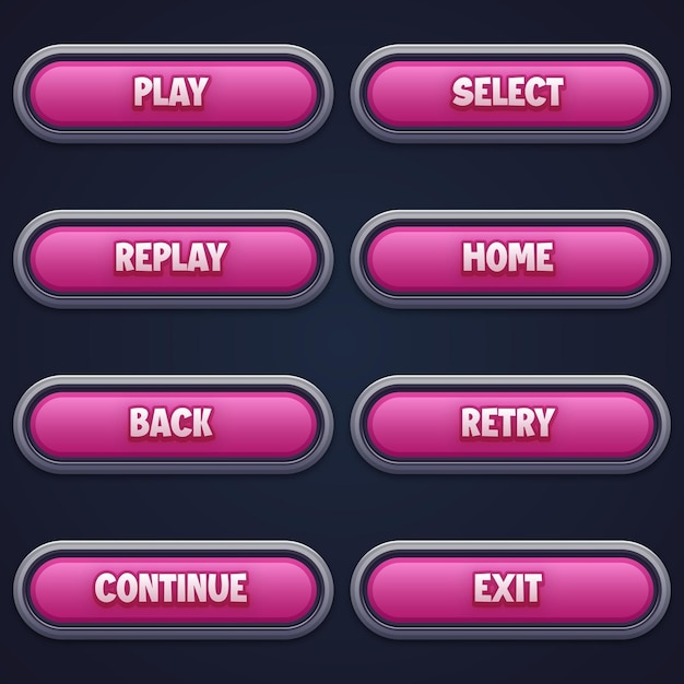 Game ui set van roze knoppen in cartoon stijl gui om 2d games cartoon casual knoppen kit te bouwen