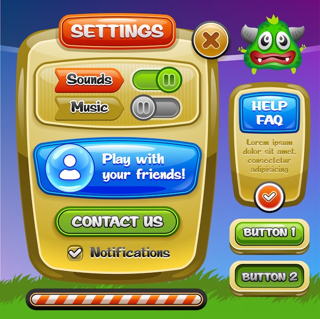 Vector game ui. settings window. a funny cartoon  ui game options control panel including status and level bars.  .