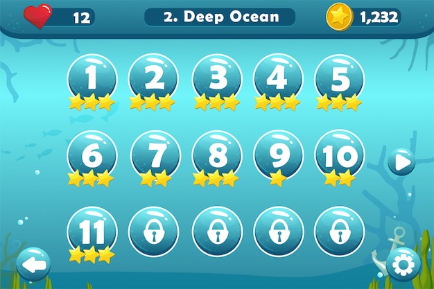 Vector game user interface with level selection screen