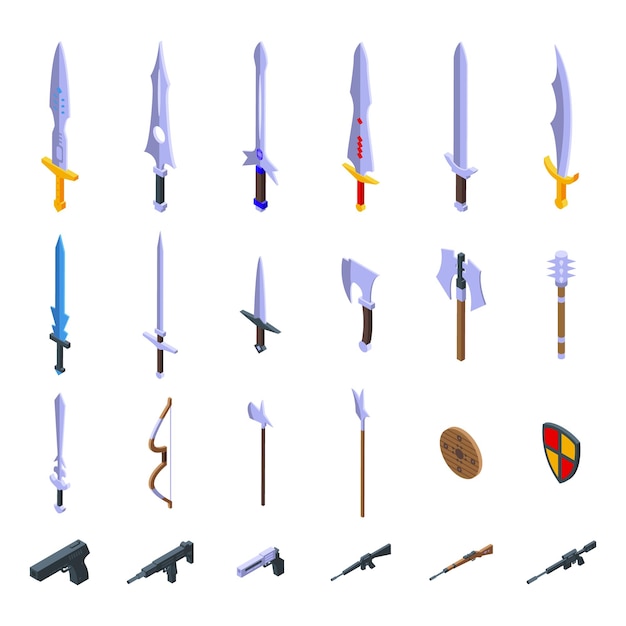 Vector game weapon icons set isometric vector shield warrior