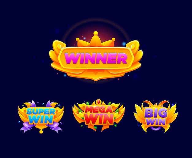 Game win popup banner and victory sign badges or winner congratulation ribbons vector GUI Online casino or slot machine gambling game and jackpot win pop up banners with golden wings and crown