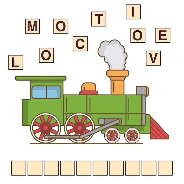 Gioco di parole puzzle locomotiva a vapore istruzione bambino in via di sviluppo