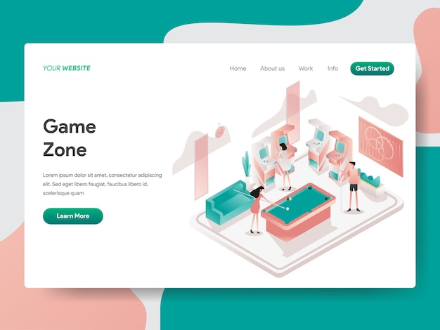 Vector game zone room isometric illustration. landing page