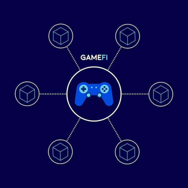 Concetto di gamefi gioco blockchain videogioco su tecnologia blockchain illustrazione piatta