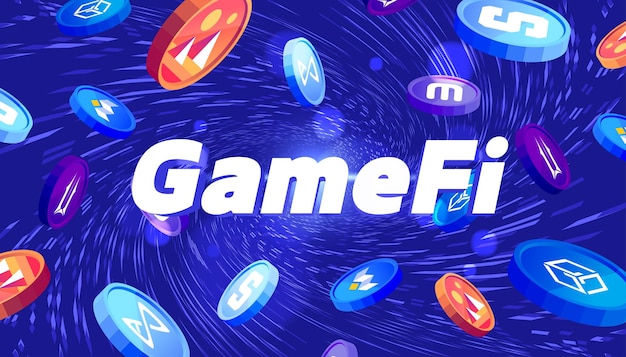 Gamefi-tokens banner met crypto-valutathema digitaal geld valt weg