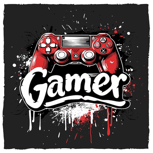 Gamepad handgetekende vectorillustratie op grunge achtergrond met splashes