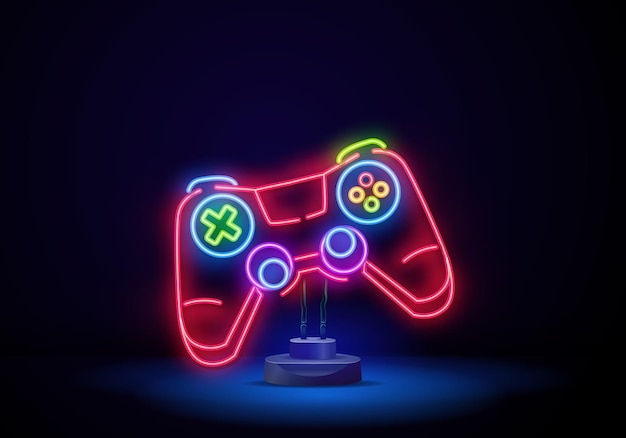 Vettore insegna al neon del gamepad insegna luminosa banner luminoso logo joystick di gioco emblema al neon illustrazione vettoriale