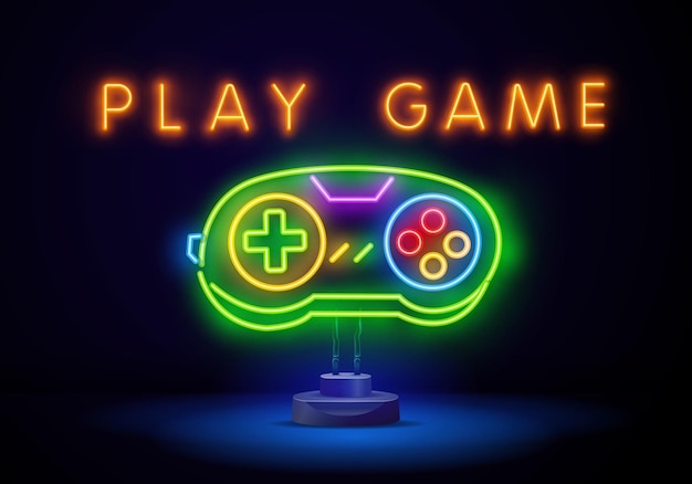 Insegna al neon del gamepad insegna luminosa banner luminoso logo joystick di gioco emblema al neon illustrazione vettoriale