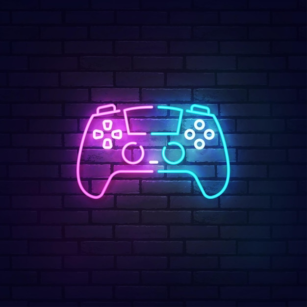 Vettore insegna al neon del gamepad insegna luminosa banner luminoso logo joystick di gioco emblema al neon illustrazione vettoriale