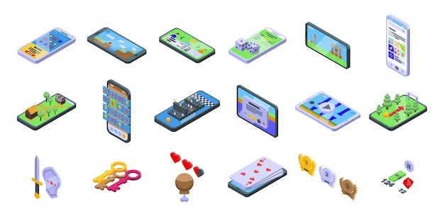 Gameplay icons set isometric vector. Competition computer