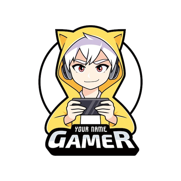 Vector gamer anime boy playing on smartphone esport logo