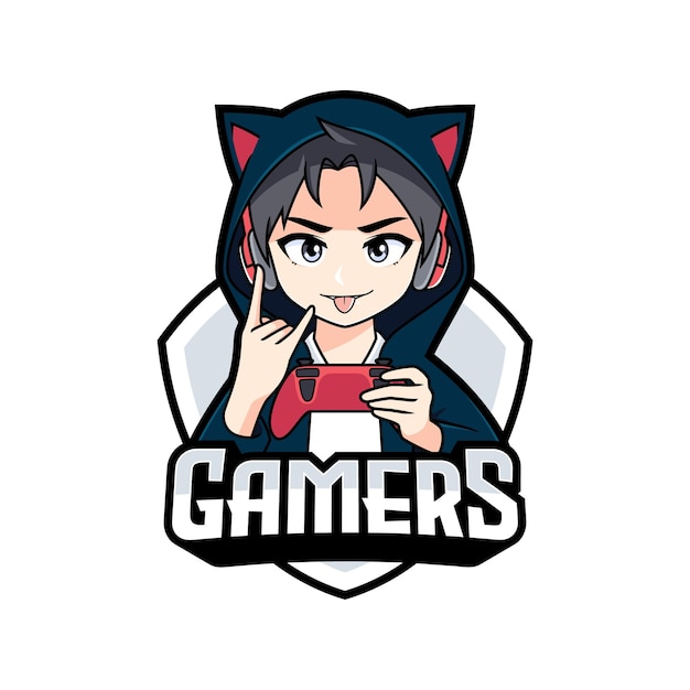 Ragazzo anime giocatore con personaggio con logo esport mascotte segno mano rock