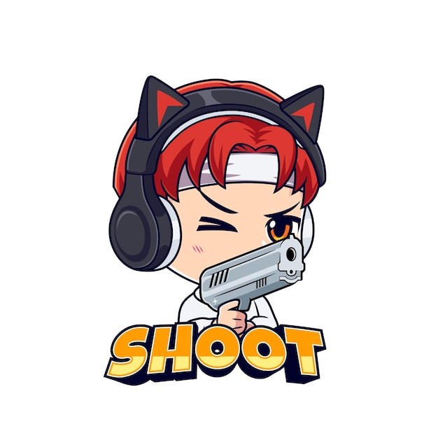 Gamer boy shooter pointing a gun sticker mascot logo vector