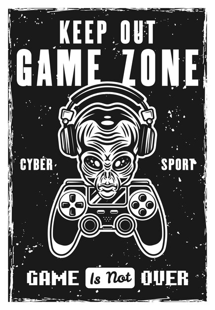 Gamer buitenaardse hoofd in koptelefoon en gamepad vector poster voor gaming club of toernooi evenement in zwart-wit stijl Illustratie met verwijderbare grunge texturen