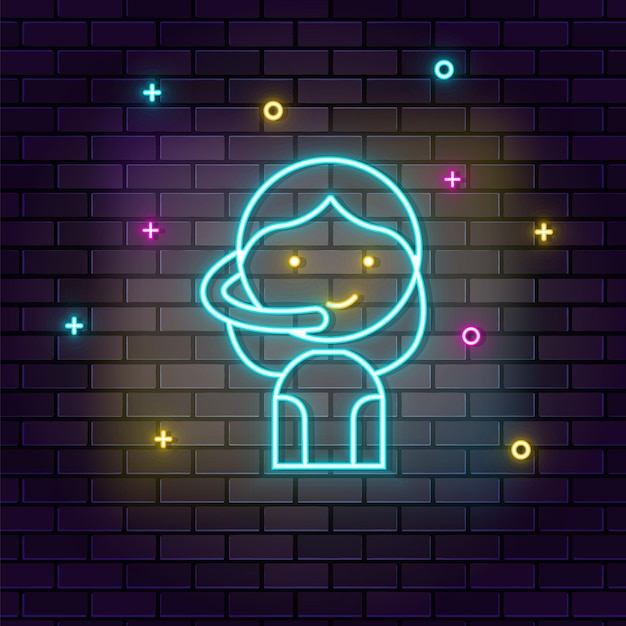 Vector gamer girl avatar retro neon on wall dark background brick wall neon icon