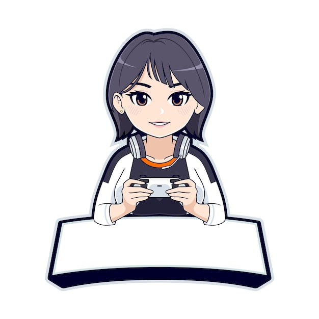 Esport della ragazza del giocatore che tiene il logo della mascotte del joystick con un banner bianco