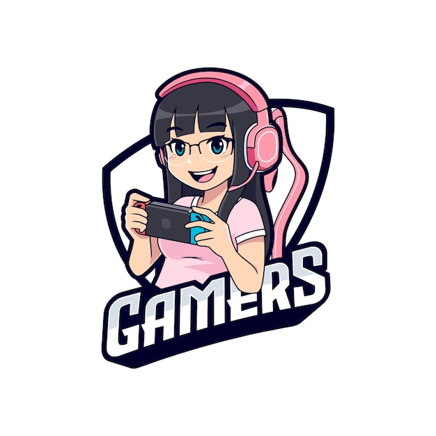 Gamer girl playing portabe console gaming esport logo