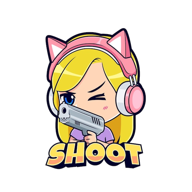 Gamer girl shooter pointing a gun sticker mascot logo vector