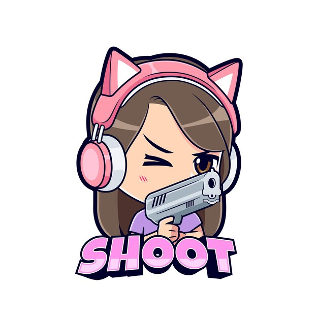 Gamer girl shooter pointing a gun sticker mascot logo vector