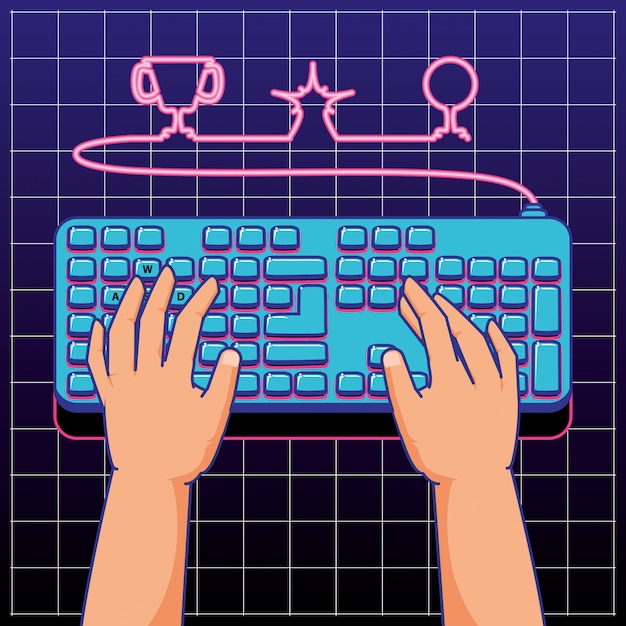 Gamer hands playing with keyboard computer