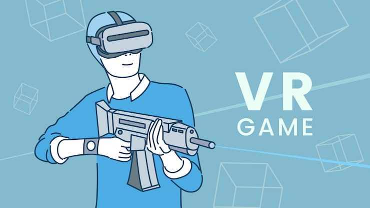 Vector gamer in headset with weapon playing vr shooter game