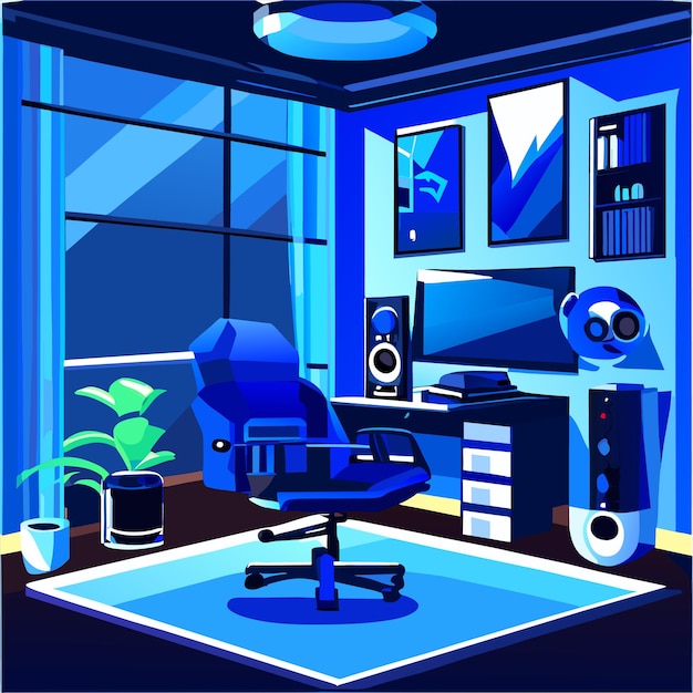 Vector gamer living room with furniture and gaming equipment illustration of blue interior