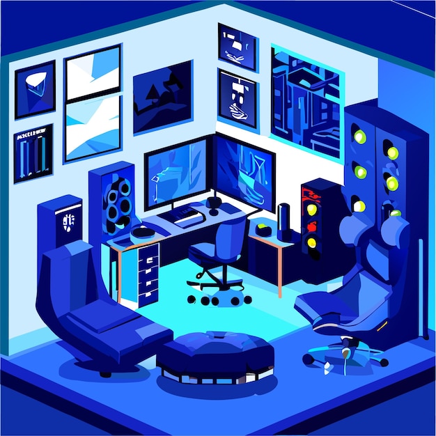 Vector gamer living room with furniture and gaming equipment vector cartoon illustration of blue interior