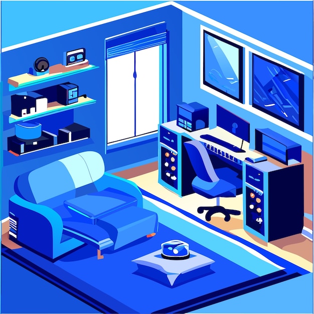 Gamer living room with furniture and gaming equipment vector cartoon illustration of blue interior