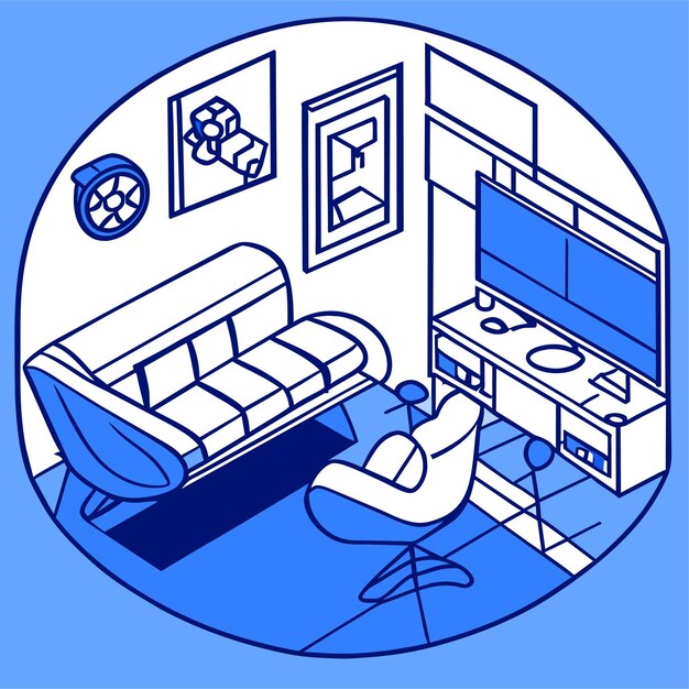Gamer living room with furniture and gaming equipment vector cartoon illustration of blue interior