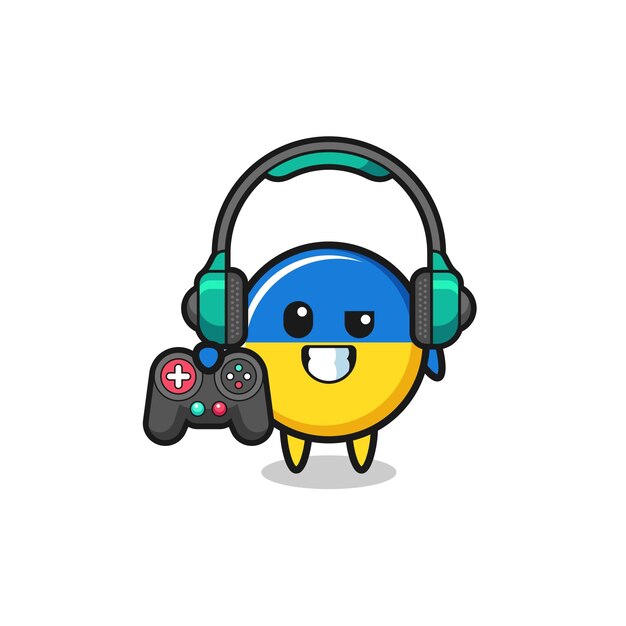 Gamer-mascotte met de vlag van Oekraïne met een gamecontroller