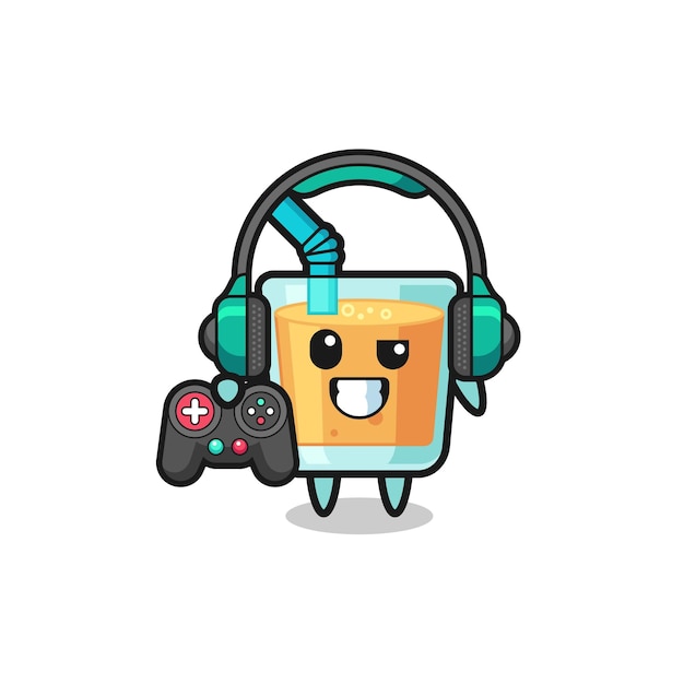 Gamer-mascotte van sinaasappelsap met een schattig ontwerp van een gamecontroller