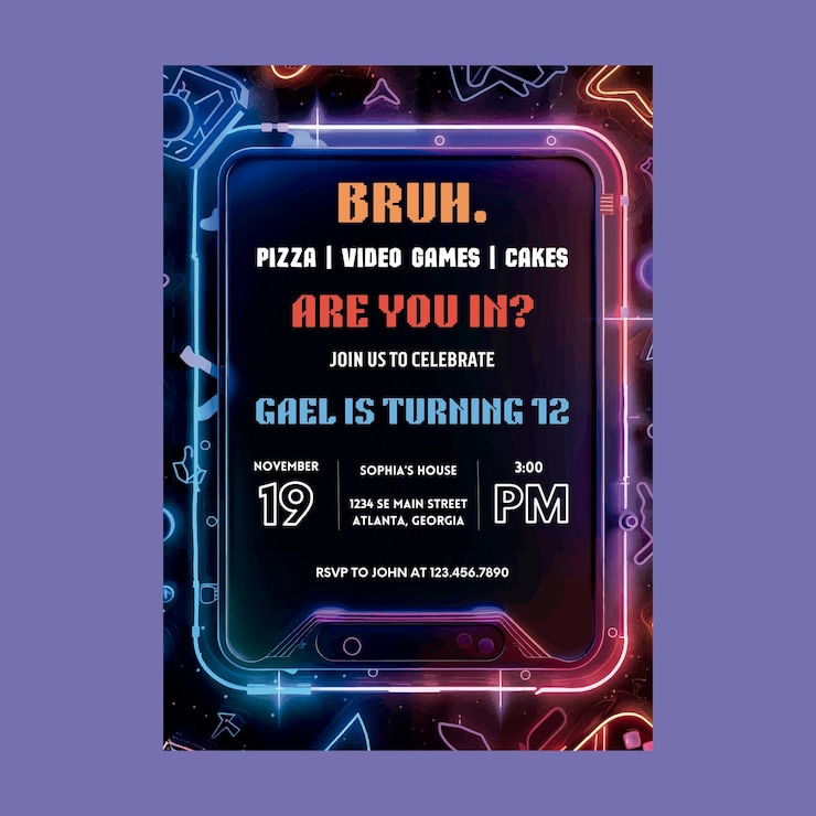 Vector gamer neon birthday party invitation