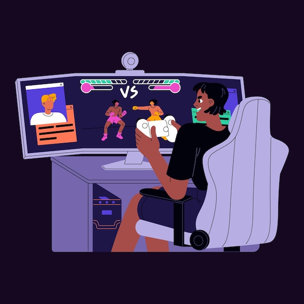 Vector gamer plays online video game back view excited player with gaming controller sitting on computer chair fight in martial combat videogame professional cybersport flat isolated vector illustration