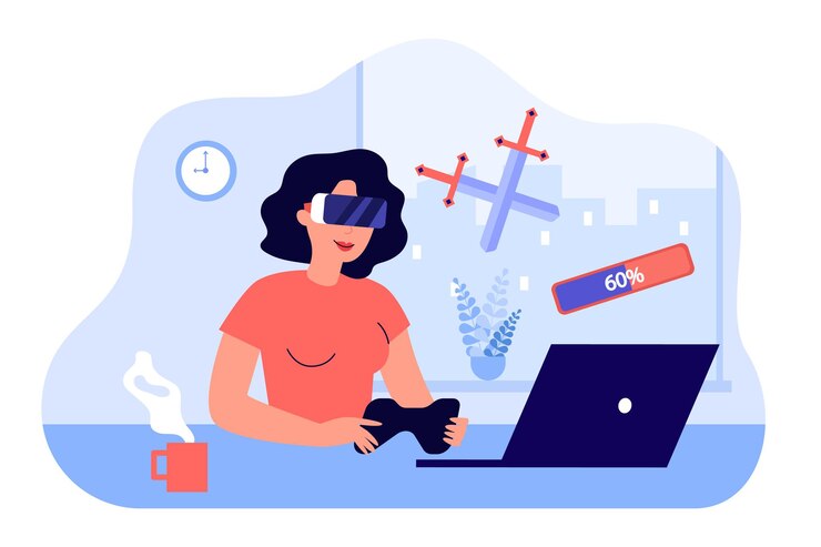 Vector gamer with vr glasses playing fight video game. woman with headset sitting at table flat vector illustration. virtual reality, entertainment concept for banner, website design or landing web page