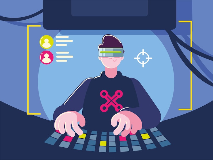 Vector gamer with vr goggles digital entertainment