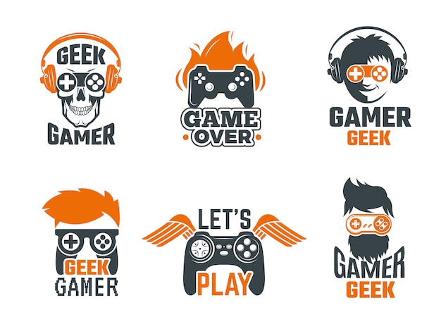 Gamers badges. Joystick video gaming old school labels for smart geek vector template