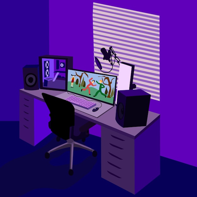 Vector gamers kamer. videogamestation. desktop met apparatuur voor gamers. kamer van videogamestreamer.